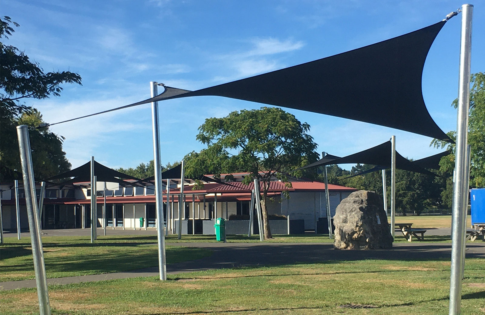 Shade sails solution by Sunshade Hawkes Bay provides shade and UV protection for students at Wairoa College