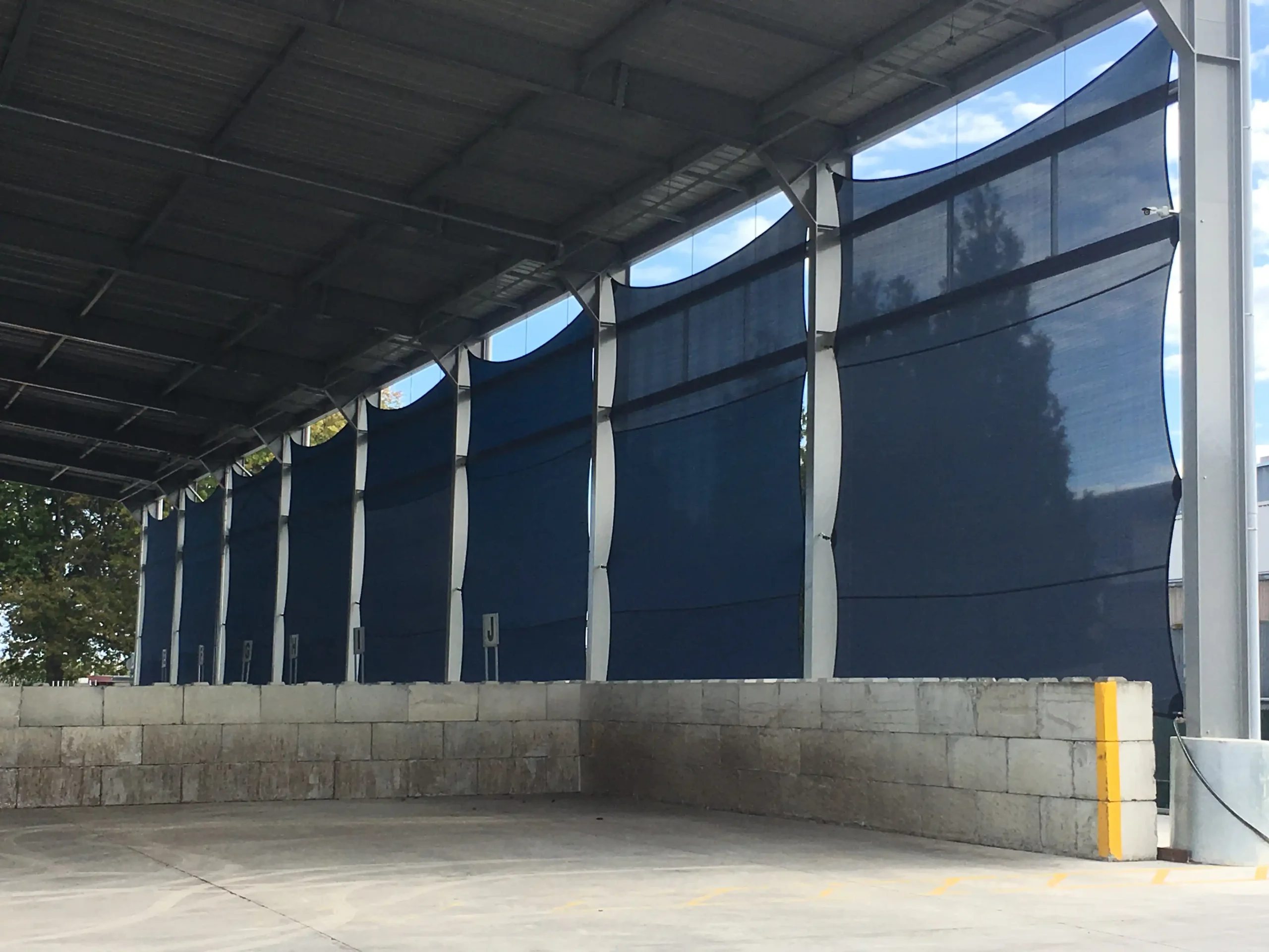 Sunshade NZ commercial vertical shade sails installed at Heinz Watties Hastings facility for weather and sun protection